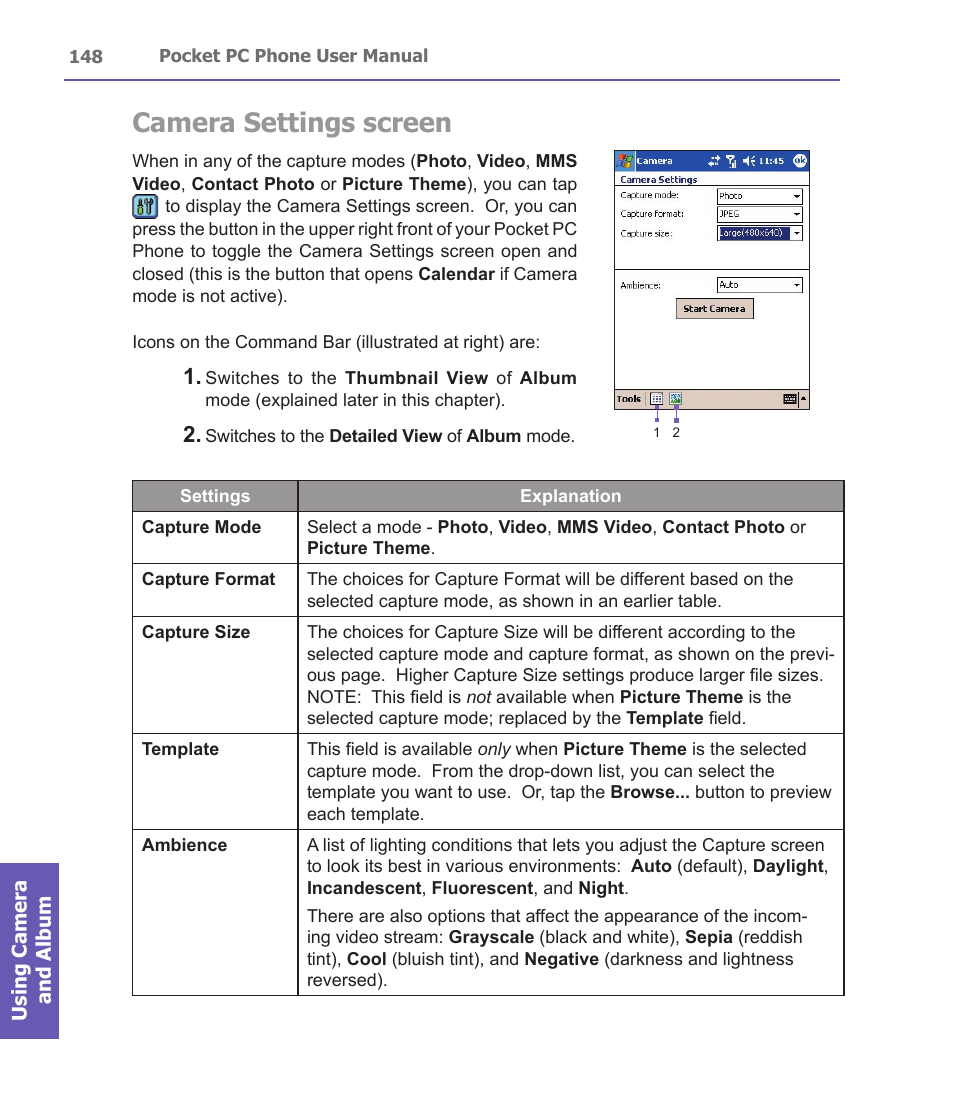 Camera settings screen | i-mate PDA2 User Manual | Page 148 / 177