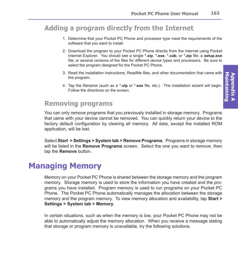 Adding a program directly from the internet, Removing programs | i-mate PDA2 User Manual | Page 163 / 177