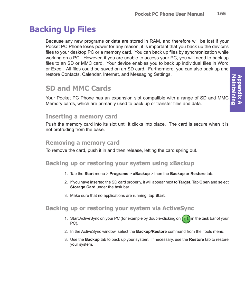 Backing up files, Sd and mmc cards, Backing up or restoring your system using xbackup | Backing up or restoring your system via activesync | i-mate PDA2 User Manual | Page 165 / 177