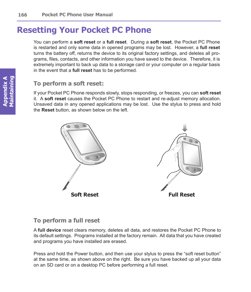 Resetting your pocket pc phone | i-mate PDA2 User Manual | Page 166 / 177