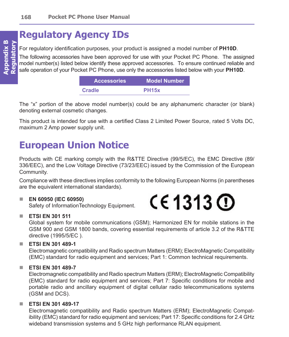 Regulatory agency ids, European union notice | i-mate PDA2 User Manual | Page 168 / 177