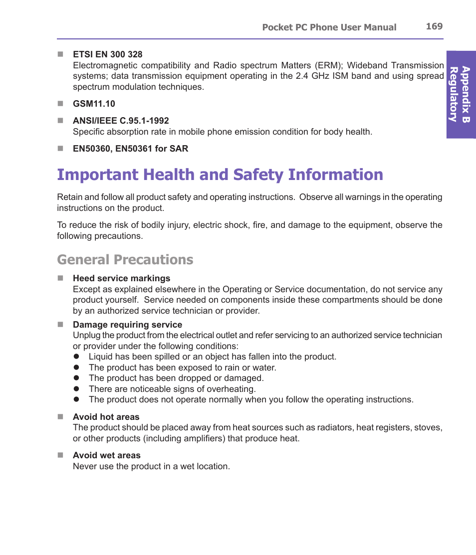 Important health and safety information, General precautions | i-mate PDA2 User Manual | Page 169 / 177