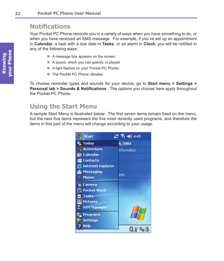 Notifications, Using the start menu | i-mate PDA2 User Manual | Page 22 / 177