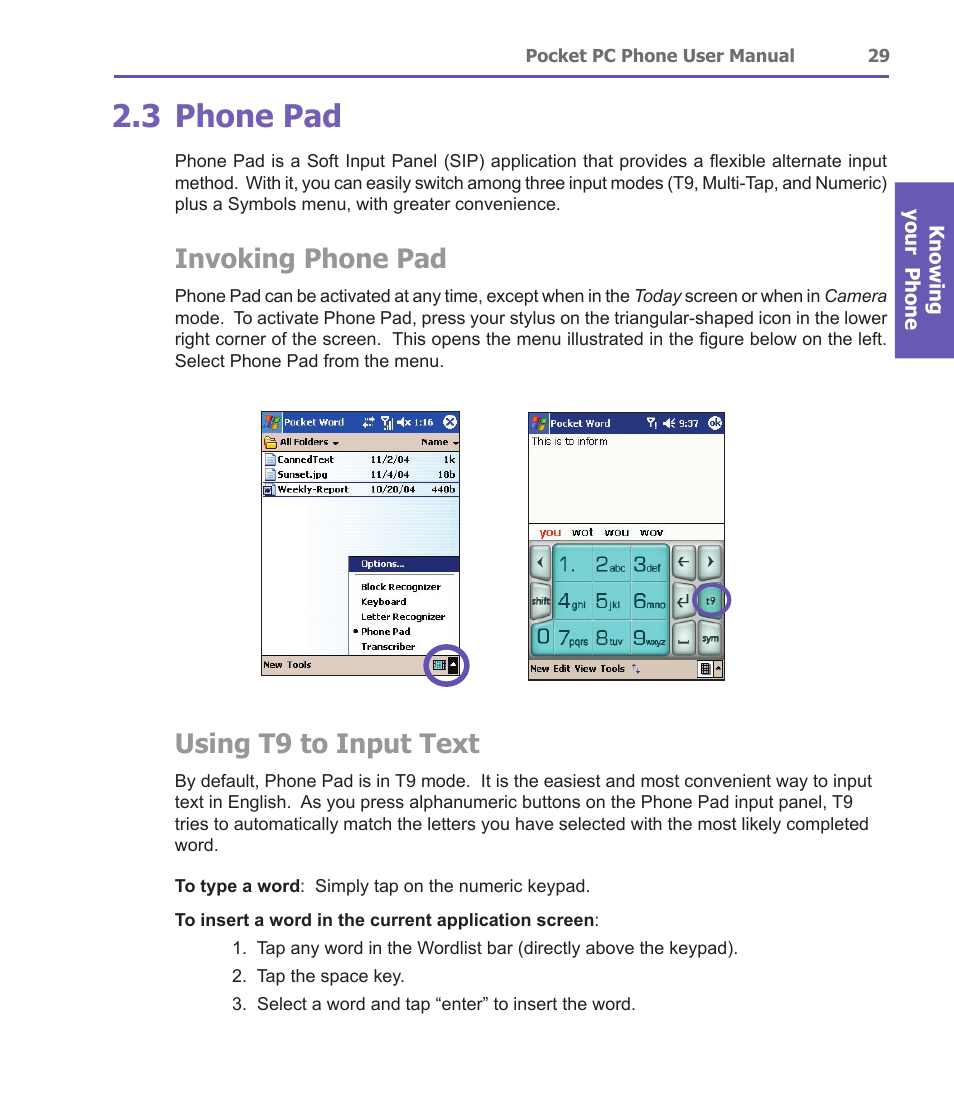 3 phone pad, Invoking phone pad, Using t9 to input text | i-mate PDA2 User Manual | Page 29 / 177