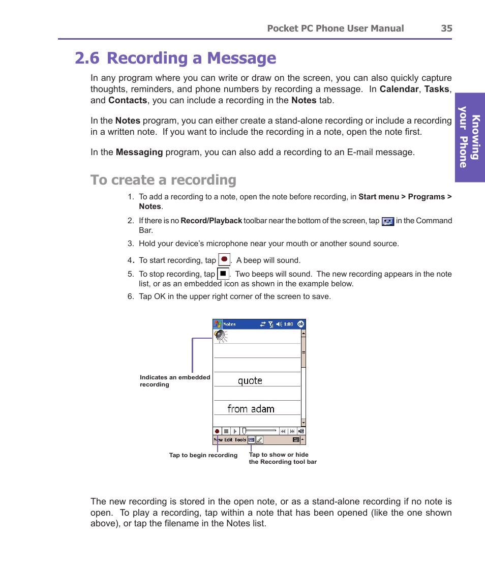 6 recording a message | i-mate PDA2 User Manual | Page 35 / 177