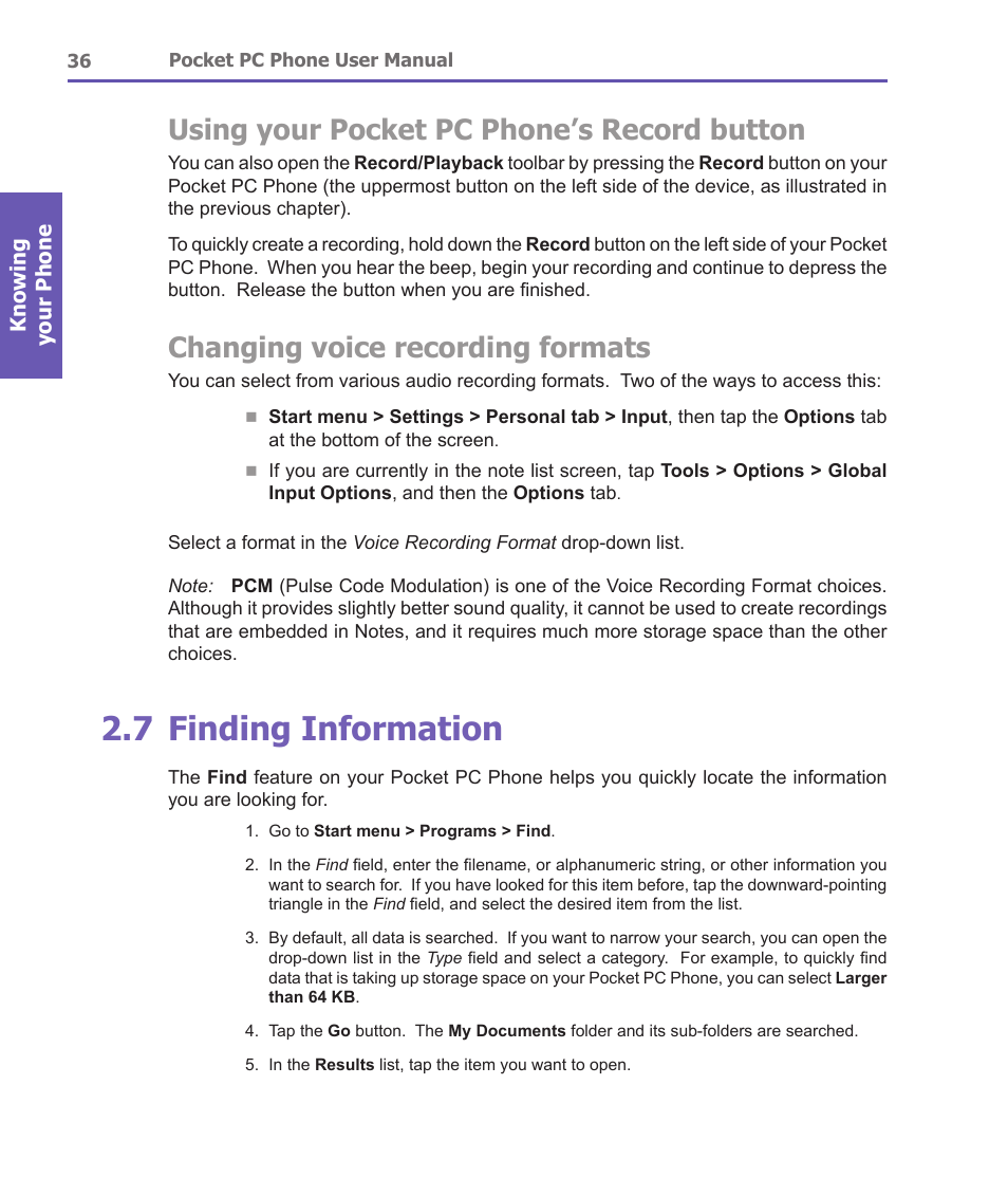 7 finding information, Using your pocket pc phone’s record button, Changing voice recording formats | i-mate PDA2 User Manual | Page 36 / 177