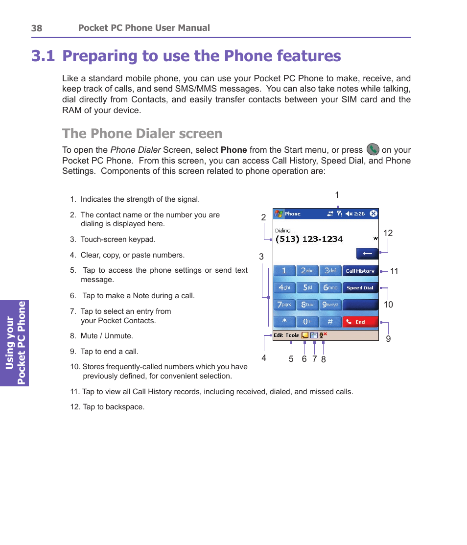 1 preparing to use the phone features, The phone dialer screen | i-mate PDA2 User Manual | Page 38 / 177