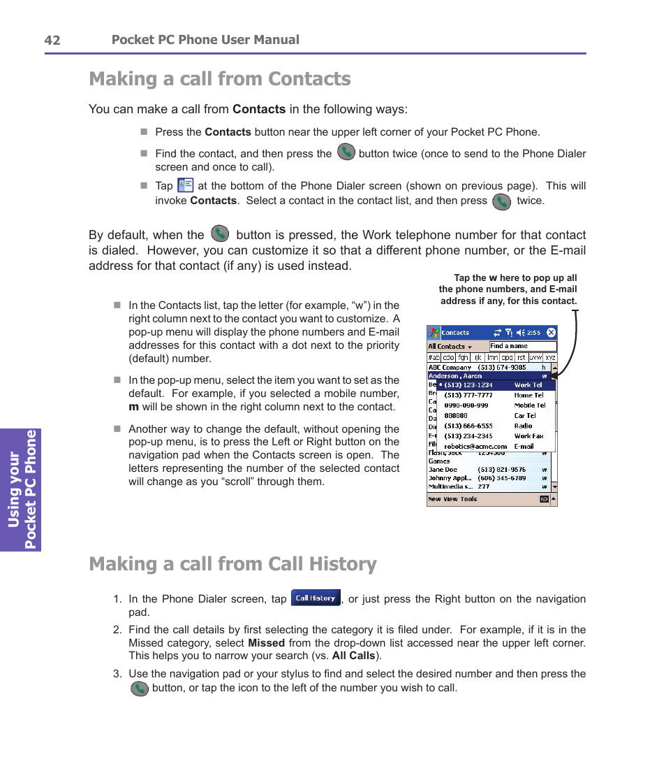Making a call from contacts, Making a call from call history, Using your pocket pc phone | i-mate PDA2 User Manual | Page 42 / 177