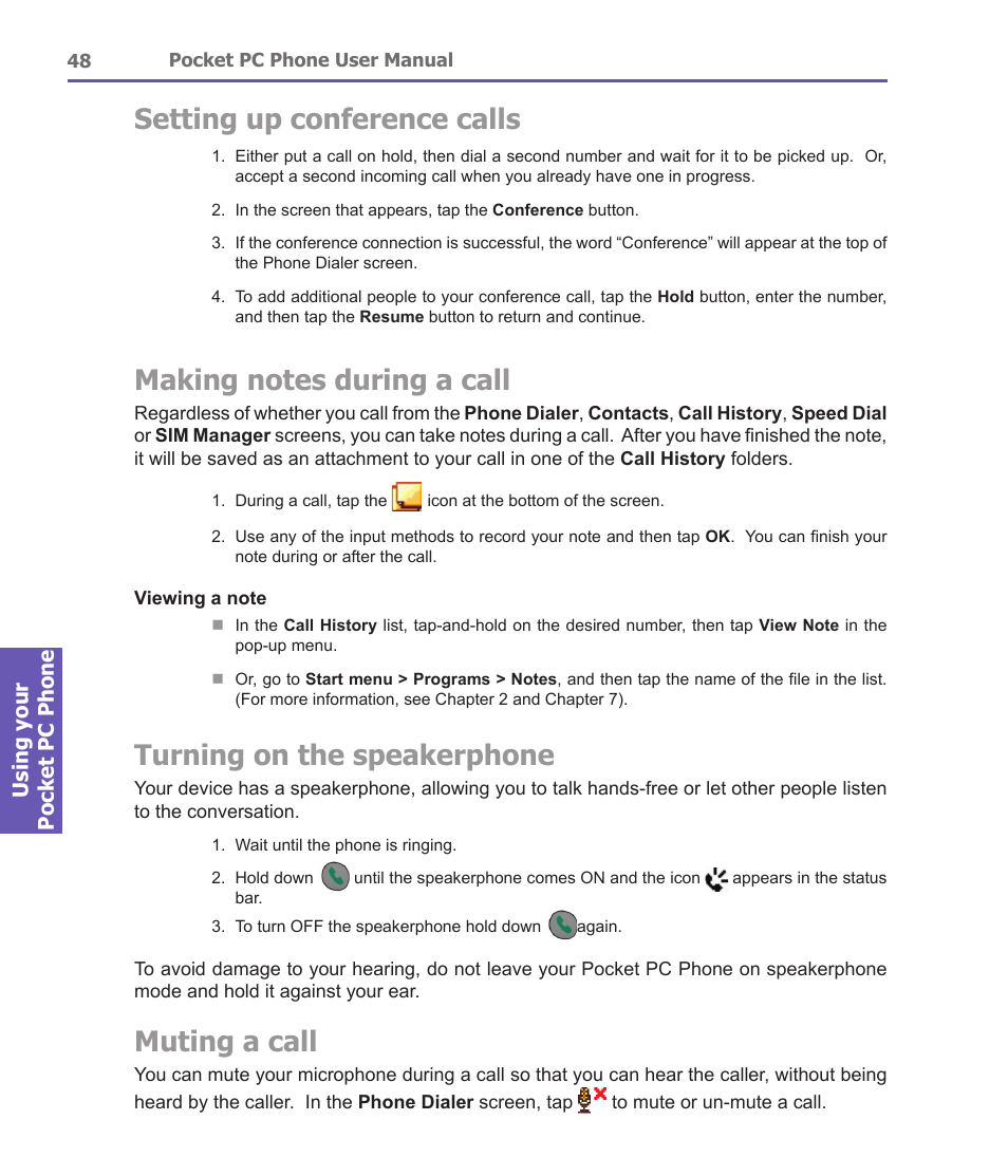 Setting up conference calls, Turning on the speakerphone, Muting a call | i-mate PDA2 User Manual | Page 48 / 177