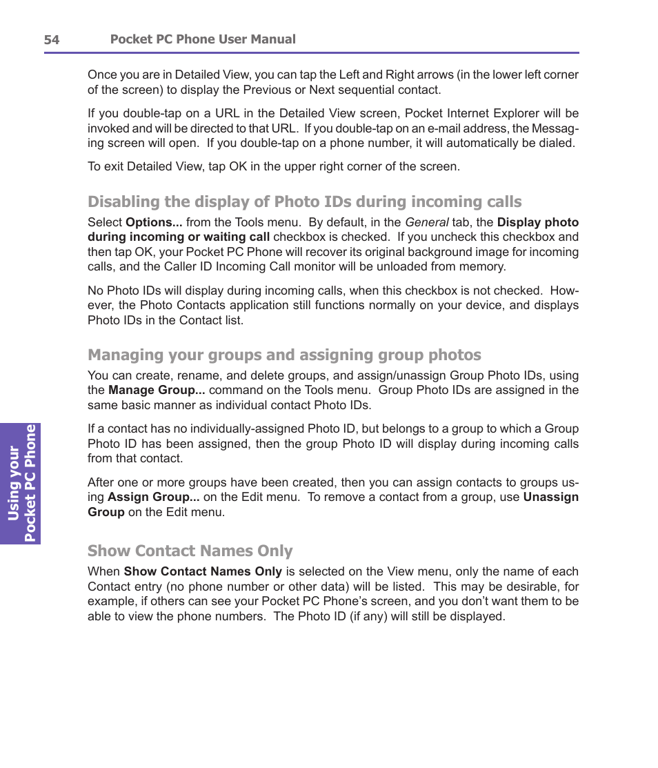 Managing your groups and assigning group photos, Show contact names only | i-mate PDA2 User Manual | Page 54 / 177