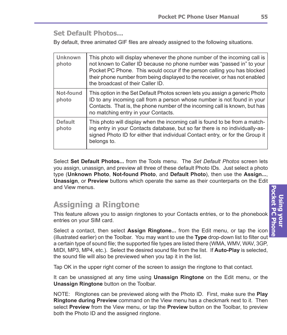 Assigning a ringtone, Set default photos | i-mate PDA2 User Manual | Page 55 / 177