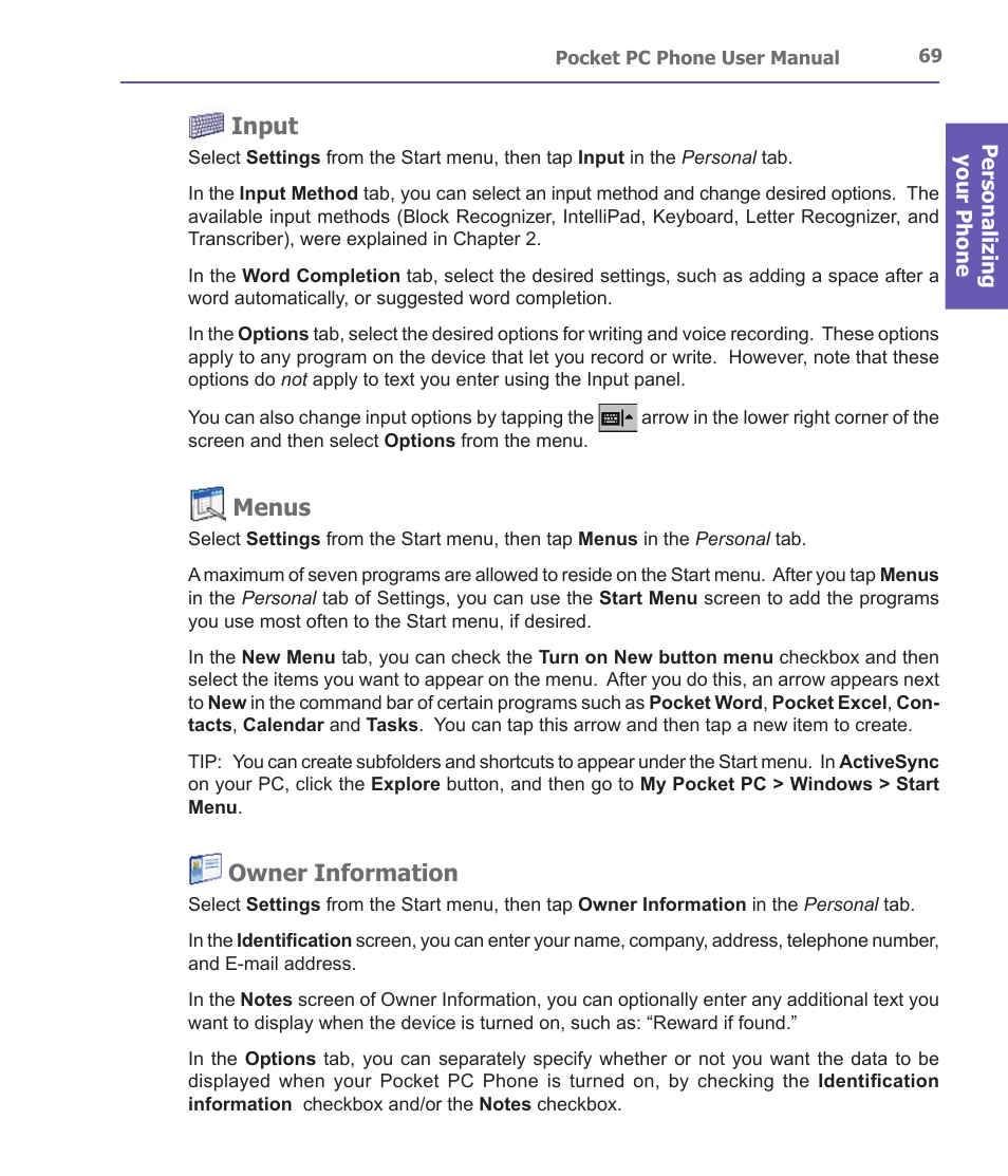 Input, Menus, Owner information | i-mate PDA2 User Manual | Page 69 / 177