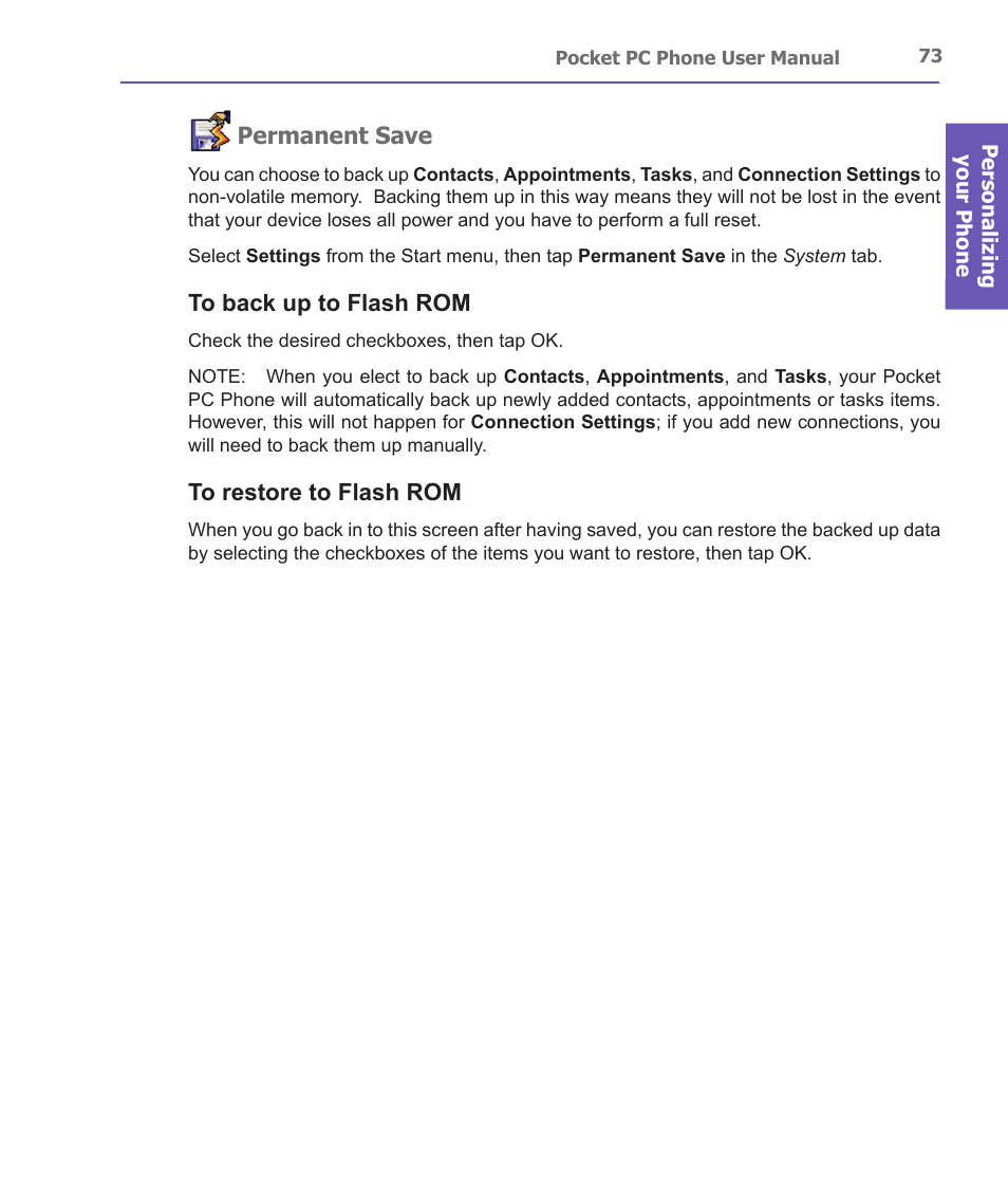 Permanent save | i-mate PDA2 User Manual | Page 73 / 177