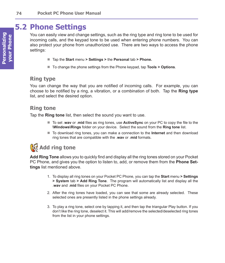 2 phone settings, Ring type, Ring tone | Add ring tone | i-mate PDA2 User Manual | Page 74 / 177
