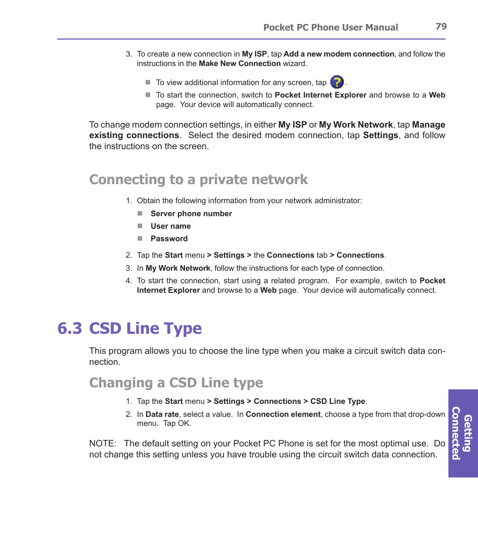 3 csd line type, Connecting to a private network, Changing a csd line type | Getting connected | i-mate PDA2 User Manual | Page 79 / 177