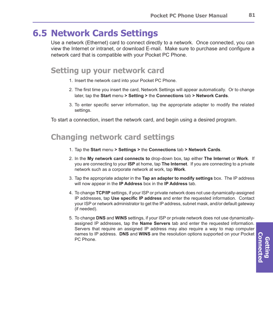 5 network cards settings, Setting up your network card, Changing network card settings | i-mate PDA2 User Manual | Page 81 / 177