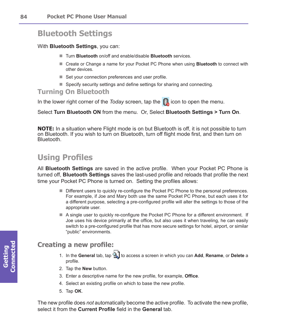 Bluetooth settings, Using profiles, Turning on bluetooth | Creating a new profile | i-mate PDA2 User Manual | Page 84 / 177
