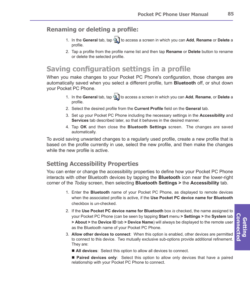 Saving configuration settings in a profile, Renaming or deleting a profile, Setting accessibility properties | Getting connected | i-mate PDA2 User Manual | Page 85 / 177