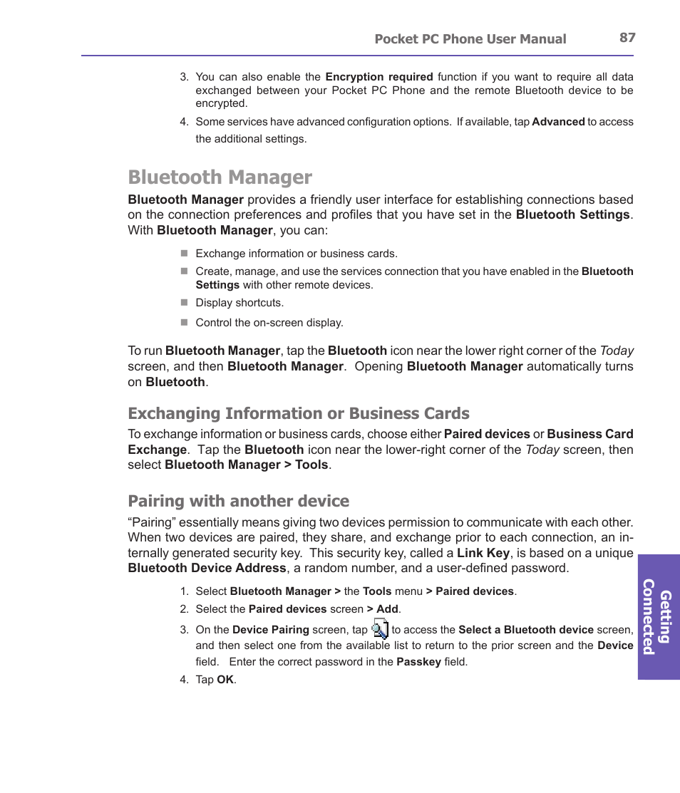 Bluetooth manager, Exchanging information or business cards, Pairing with another device | i-mate PDA2 User Manual | Page 87 / 177