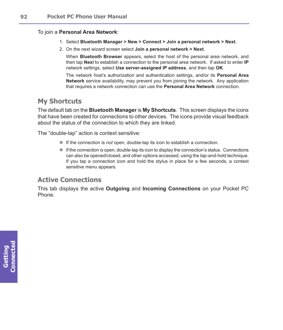 My shortcuts, Active connections, Getting connected | i-mate PDA2 User Manual | Page 92 / 177