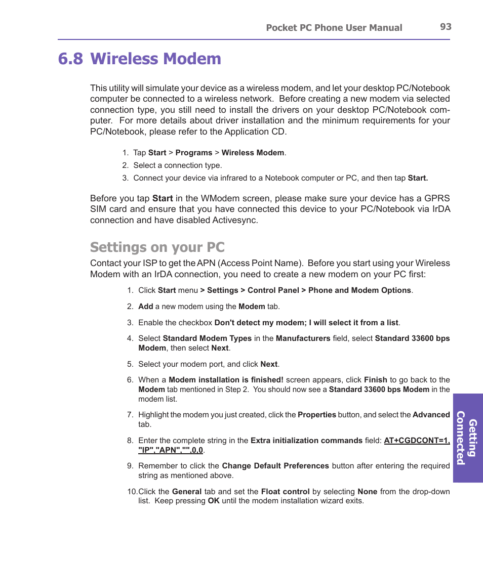 8 wireless modem, Settings on your pc, Getting connected | i-mate PDA2 User Manual | Page 93 / 177