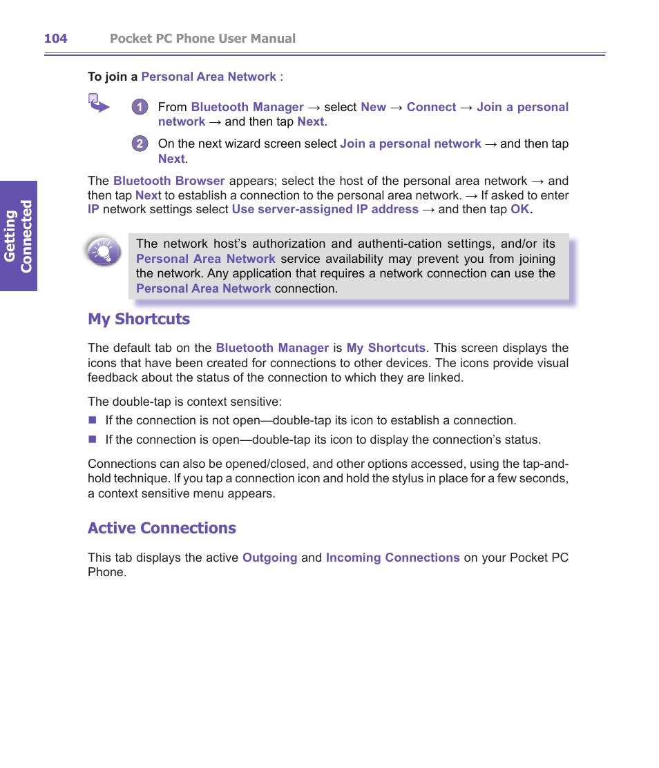 My shortcuts, Active connections | i-mate PDA2K EVDO User Manual | Page 104 / 176