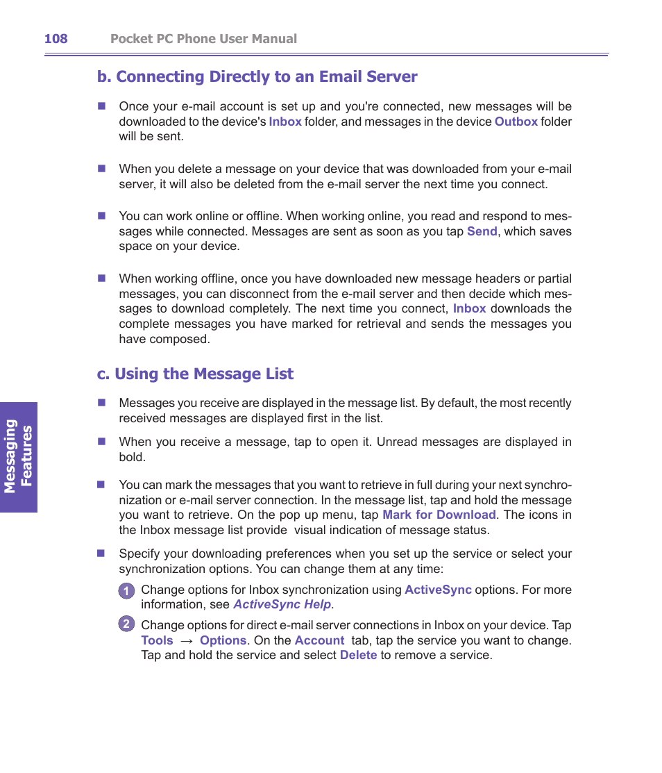 B. connecting directly to an email server, C. using the message list | i-mate PDA2K EVDO User Manual | Page 108 / 176