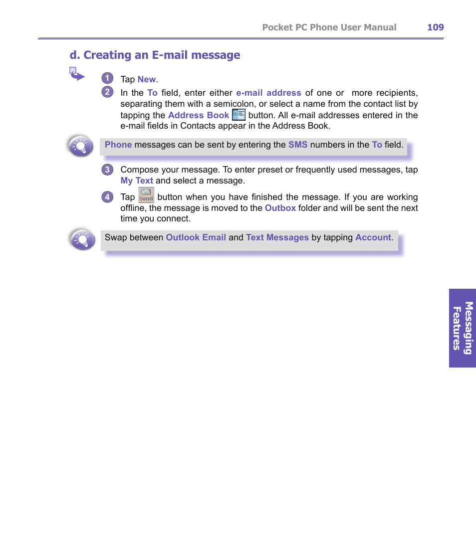 D. creating an e-mail message | i-mate PDA2K EVDO User Manual | Page 109 / 176