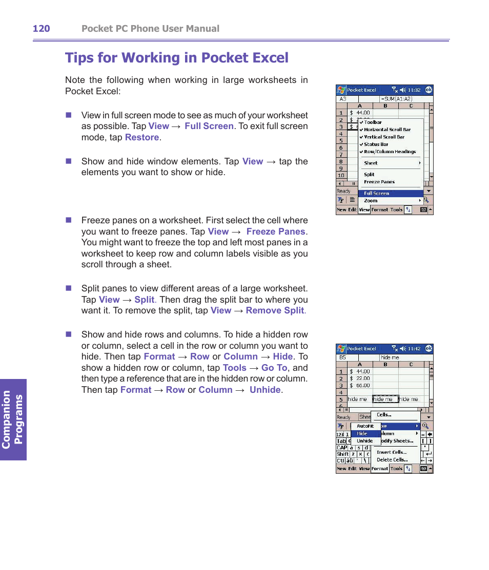 Tips for working in pocket excel | i-mate PDA2K EVDO User Manual | Page 120 / 176