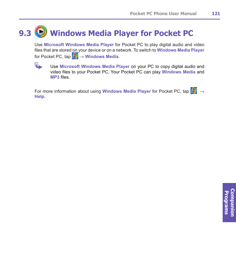 3 windows media player for pocket pc | i-mate PDA2K EVDO User Manual | Page 121 / 176