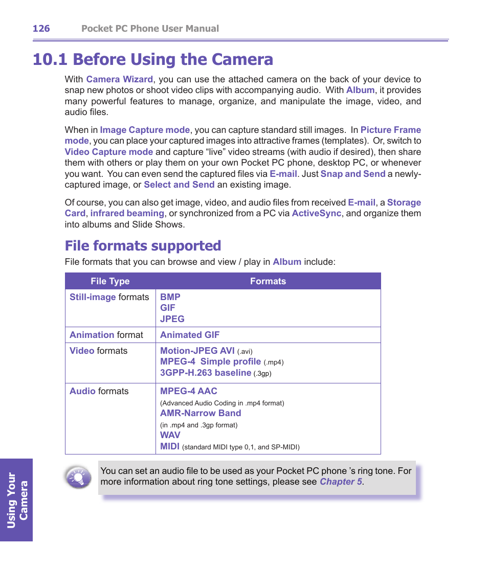 1 before using the camera, File formats supported | i-mate PDA2K EVDO User Manual | Page 126 / 176