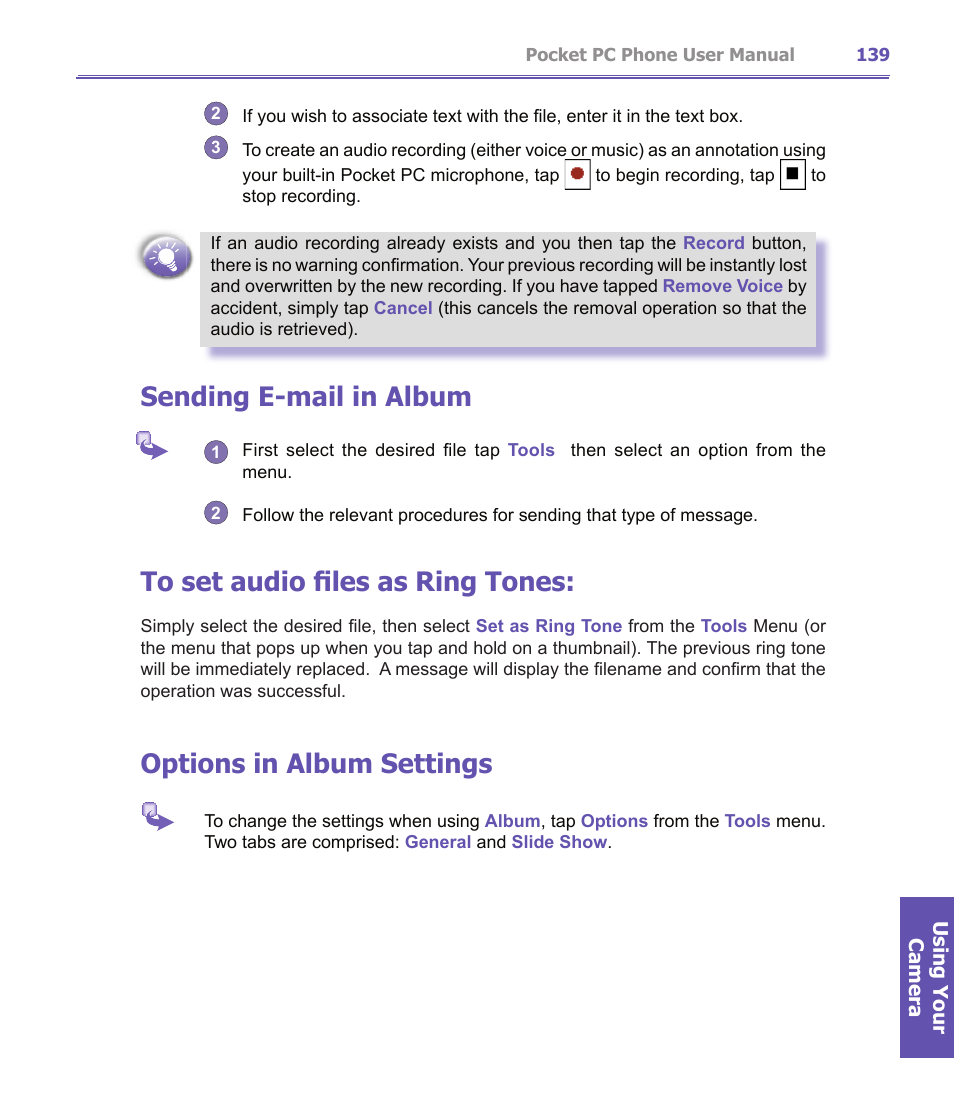 Sending e-mail in album, Options in album settings | i-mate PDA2K EVDO User Manual | Page 139 / 176