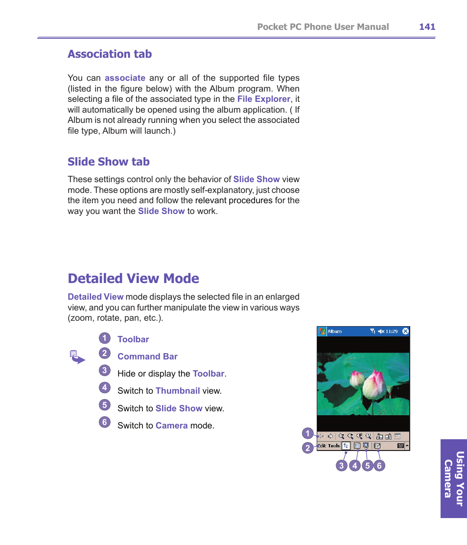 Detailed view mode, Association tab, Slide show tab | i-mate PDA2K EVDO User Manual | Page 141 / 176