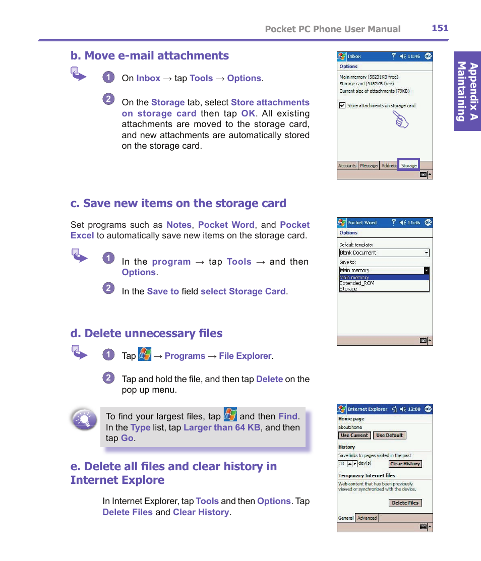 B. move e-mail attachments, C. save new items on the storage card, D. delete unnecessary files | i-mate PDA2K EVDO User Manual | Page 151 / 176