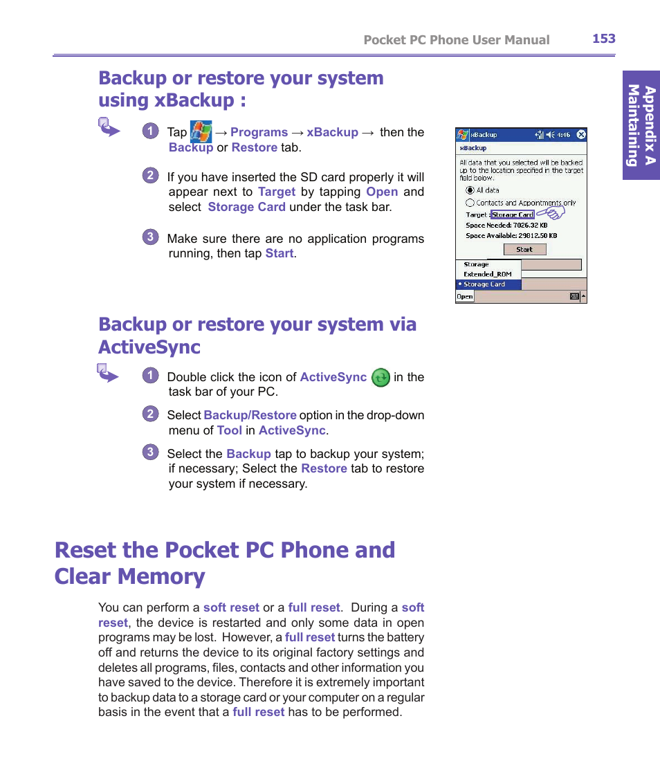 Backup or restore your system using xbackup, Backup or restore your system via activesync | i-mate PDA2K EVDO User Manual | Page 153 / 176