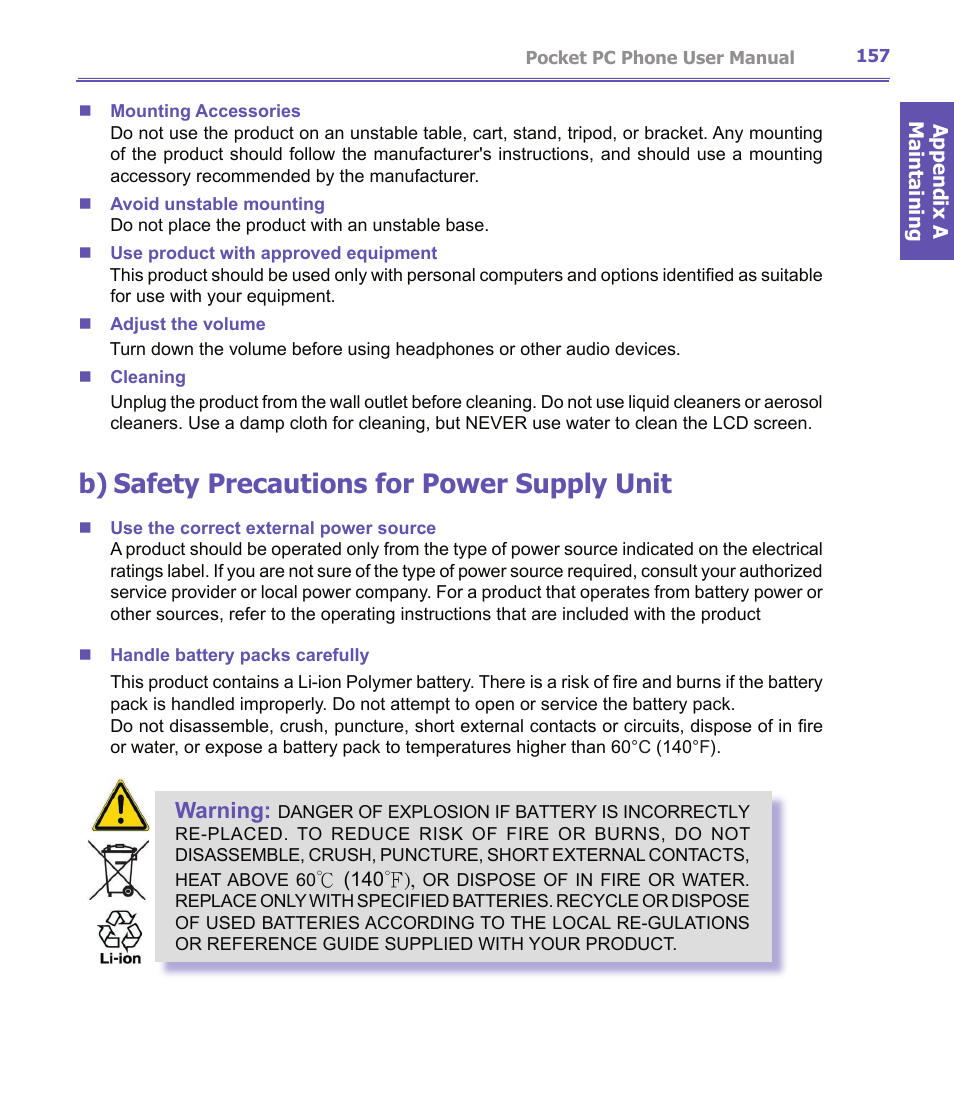 B) safety precautions for power supply unit, Warning | i-mate PDA2K EVDO User Manual | Page 157 / 176