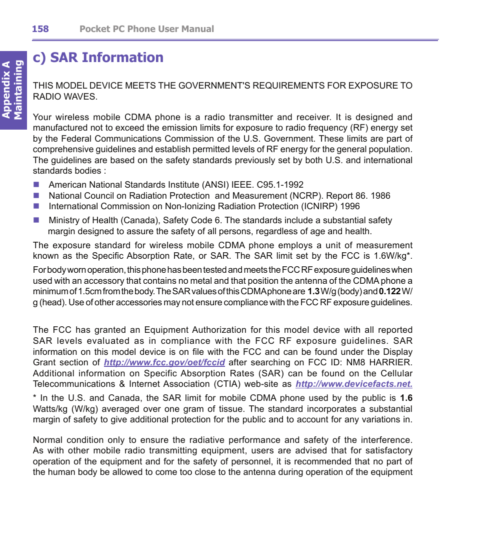 C) sar information | i-mate PDA2K EVDO User Manual | Page 158 / 176