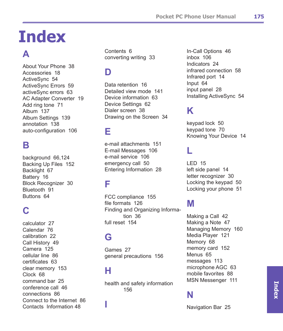 Index | i-mate PDA2K EVDO User Manual | Page 175 / 176