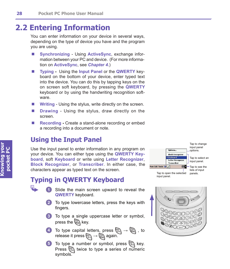 2 entering information, Using the input panel, Typing in qwerty keyboard | i-mate PDA2K EVDO User Manual | Page 28 / 176