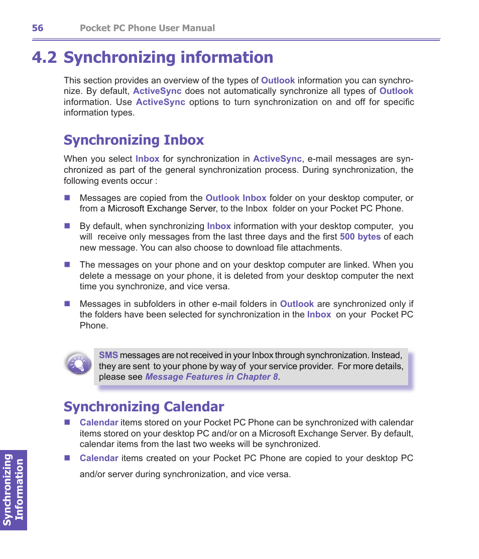 2 synchronizing information, Synchronizing inbox, Synchronizing calendar | i-mate PDA2K EVDO User Manual | Page 56 / 176