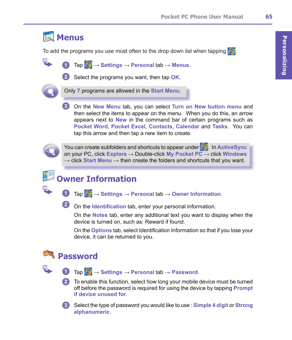Menus, Owner information, Password | i-mate PDA2K EVDO User Manual | Page 65 / 176