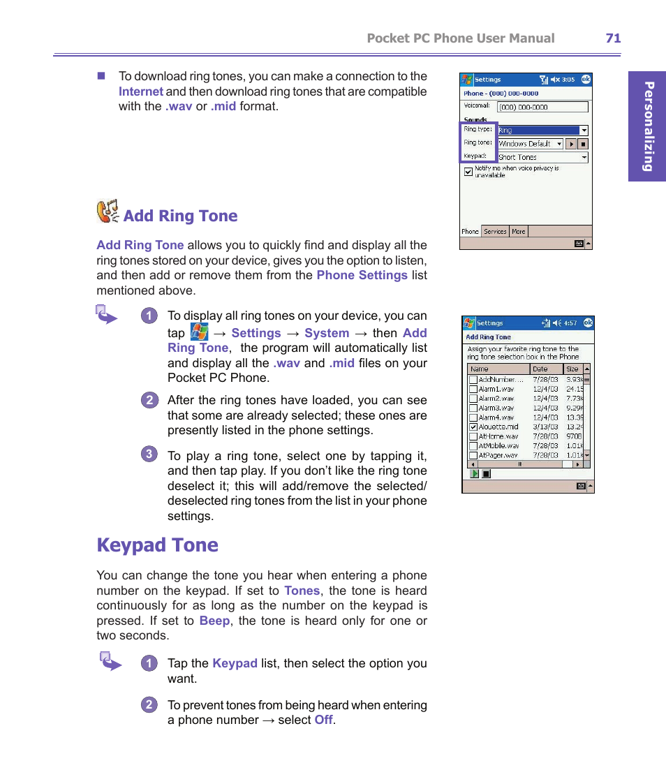 Keypad tone, Add ring tone | i-mate PDA2K EVDO User Manual | Page 71 / 176