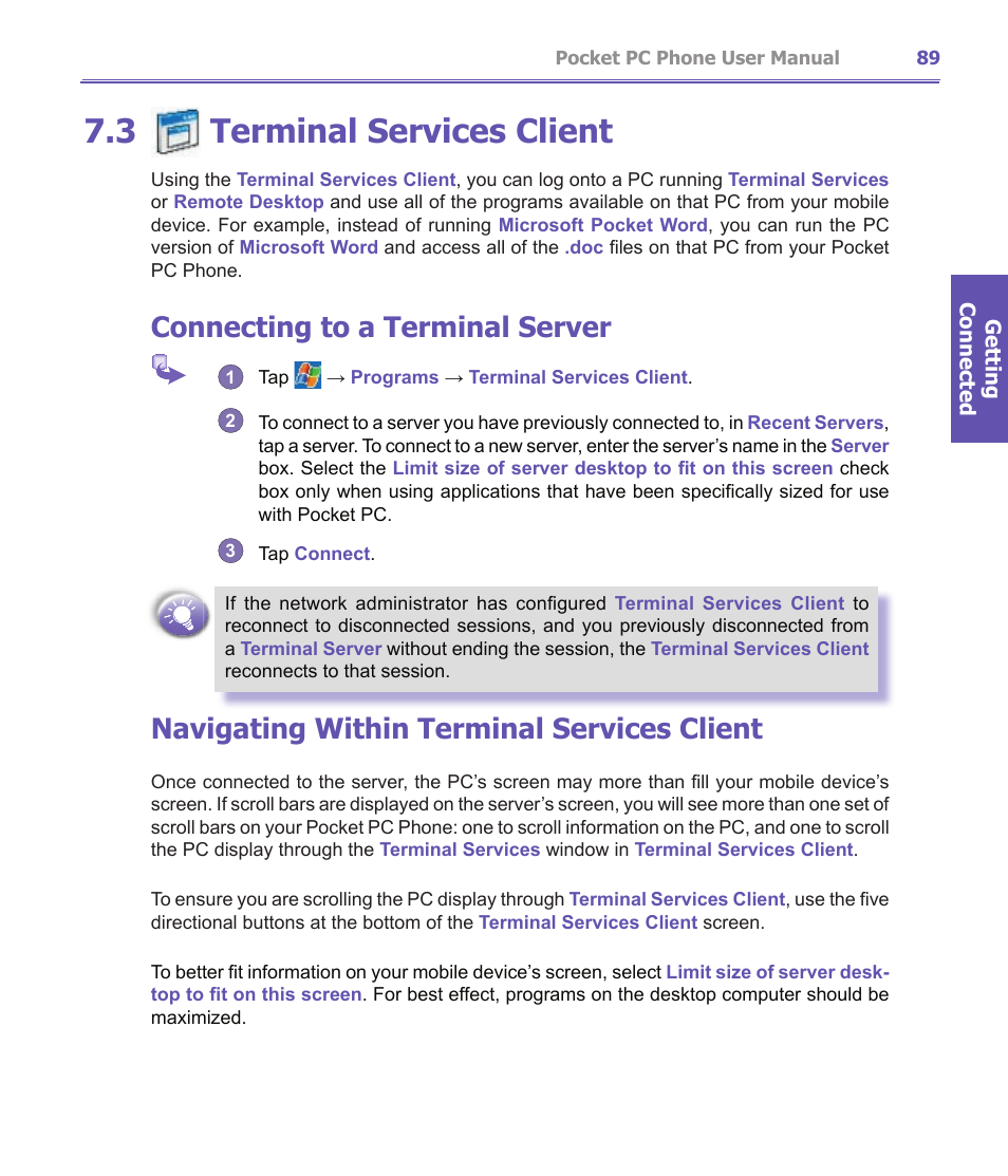 3 terminal services client, Connecting to a terminal server, Navigating within terminal services client | i-mate PDA2K EVDO User Manual | Page 89 / 176