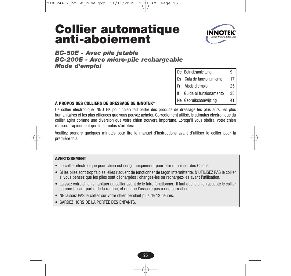 Collier automatique anti-aboiement | Innotek Automatic No-bark Collar BC-50E User Manual | Page 25 / 48