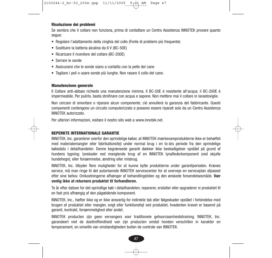 Innotek Automatic No-bark Collar BC-50E User Manual | Page 47 / 48