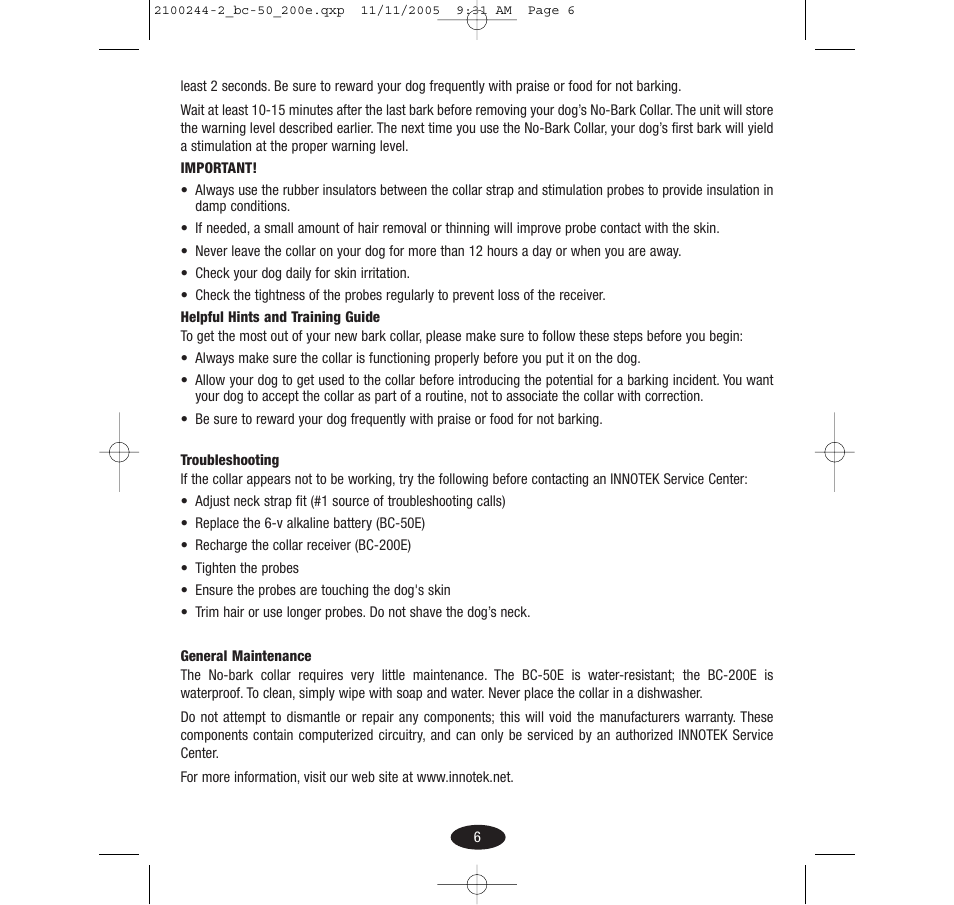 Innotek Automatic No-bark Collar BC-50E User Manual | Page 6 / 48