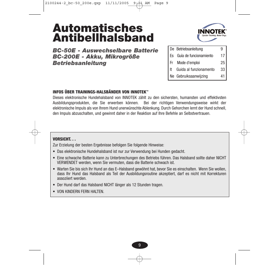 Automatisches antibellhalsband | Innotek Automatic No-bark Collar BC-50E User Manual | Page 9 / 48