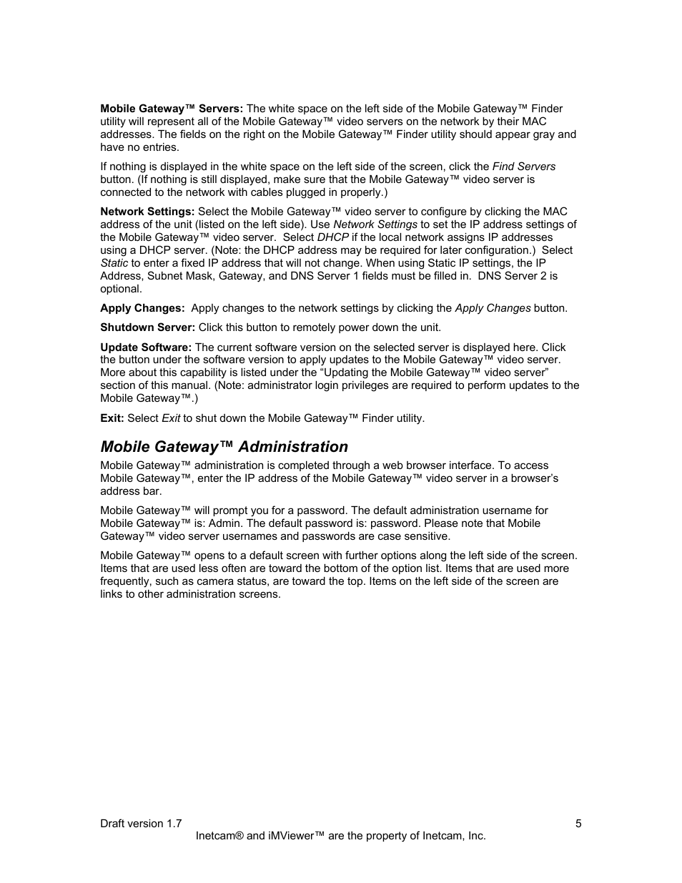 Mobile gateway™ administration | Inetcam Mobile Gateway User Manual | Page 5 / 19