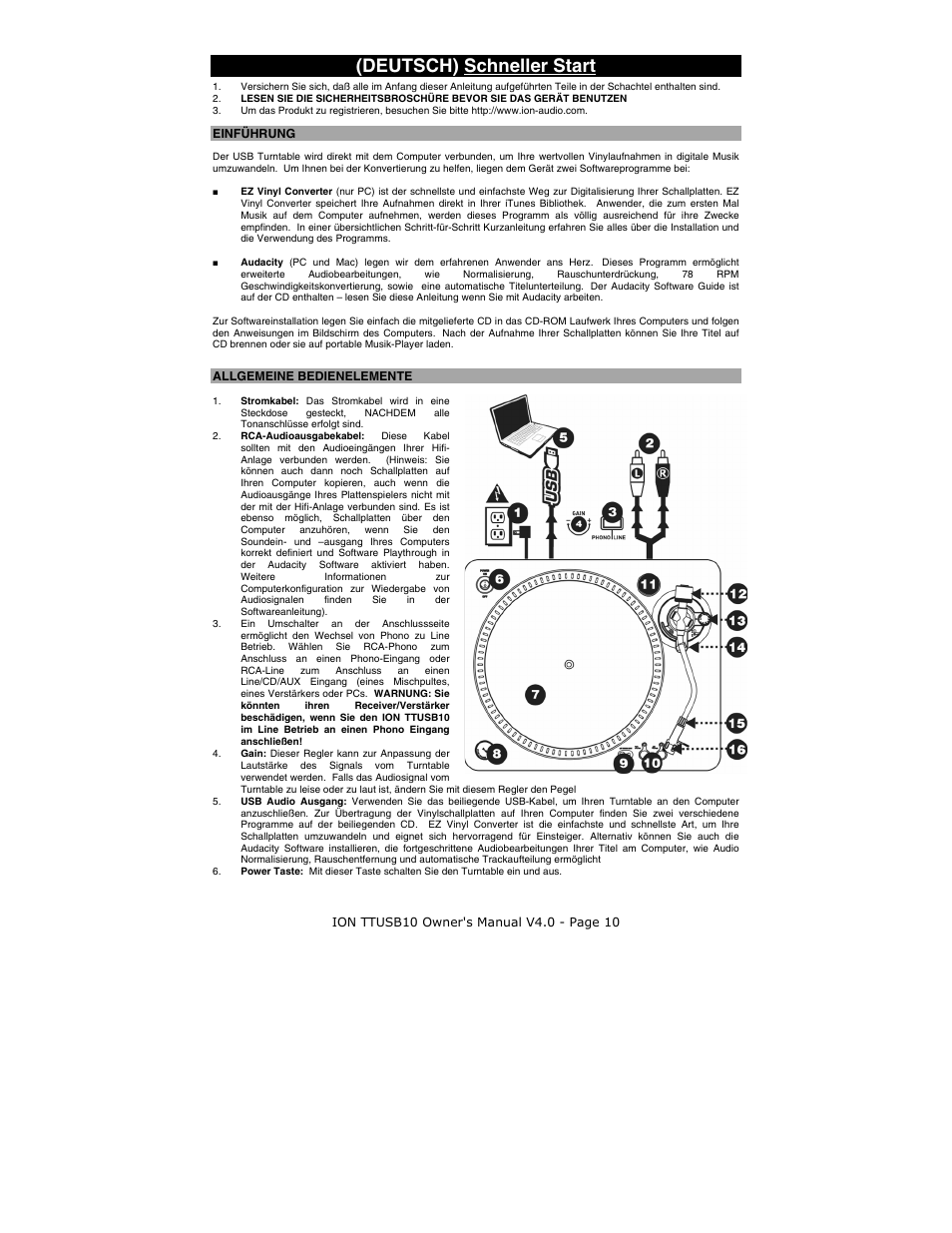 Deutsch, Einführung, Allgemeine bedienelemente | Deutsch) schneller start | ION TTUSB10 User Manual | Page 10 / 20