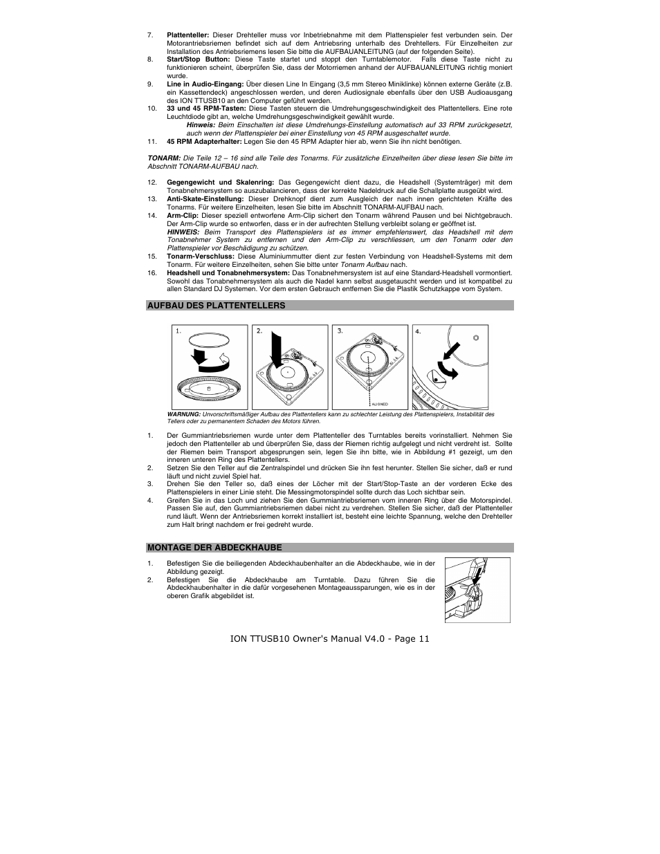 Aufbau des plattentellers, Montage der abdeckhaube | ION TTUSB10 User Manual | Page 11 / 20